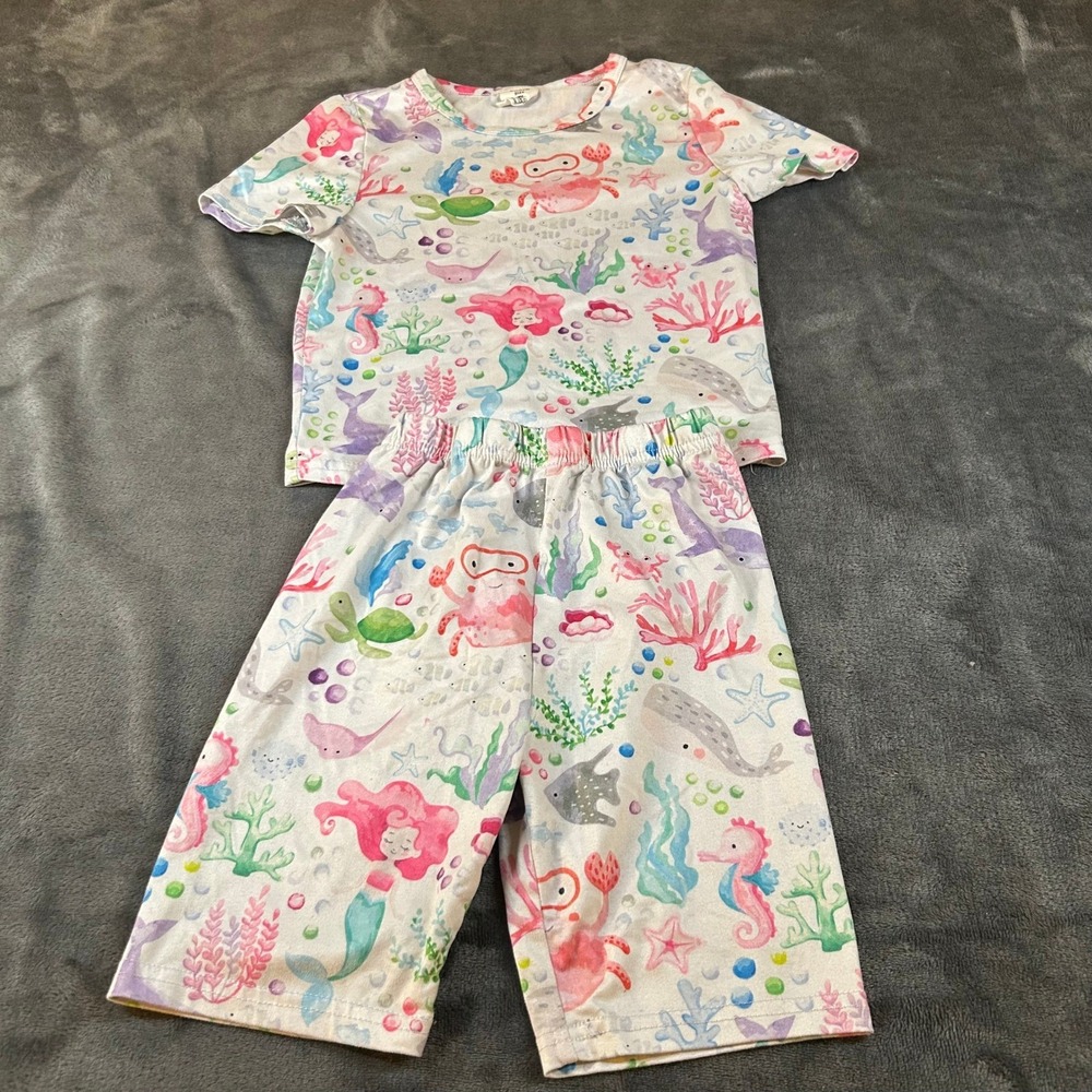 Shein Under The Sea Pajama Set Kids 7 Years‎ Multicolor Mermaid Crab Stretch